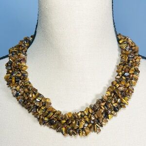 Artisan Tiger Eye Silver Statement Necklace MultiStrand Natural Gemstone Jewelry